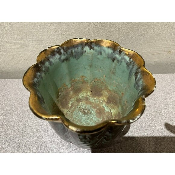 Vintage Fohr Ceramic GERMANY Green Gold Glazed drip bowl 7" - Picture 3 of 13